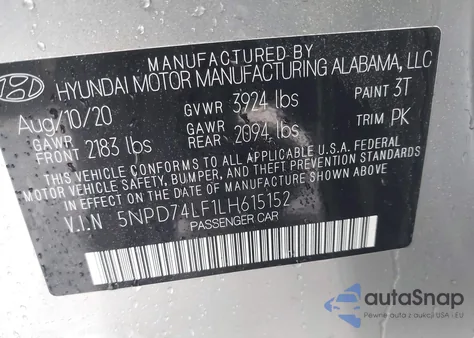 2020 Hyundai Elantra Se from USA, damaged, VIN 5NPD74LF1LH615152